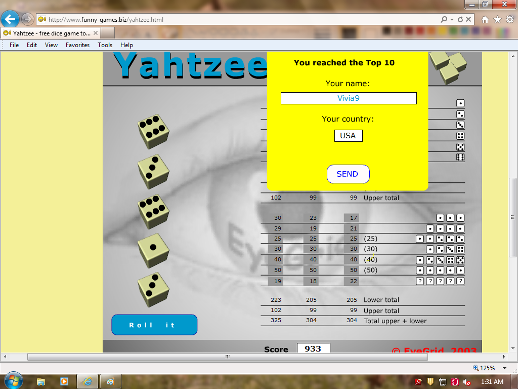 Yahtzee - free dice game to play on internet. Have fun!